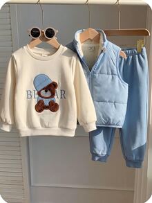 Baby Boy 3pcs Embroidery Bear Pattern Thermal Lined Vest Jacket & Sweatpants & Sweatshirt - Blue - View 5