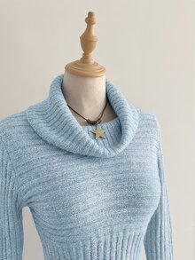 SHEIN Unity Solid Turtleneck Ribbed Knit Sweater - Blue - View 4