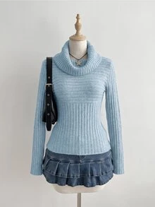 SHEIN Unity Solid Turtleneck Ribbed Knit Sweater - Blue - View 5
