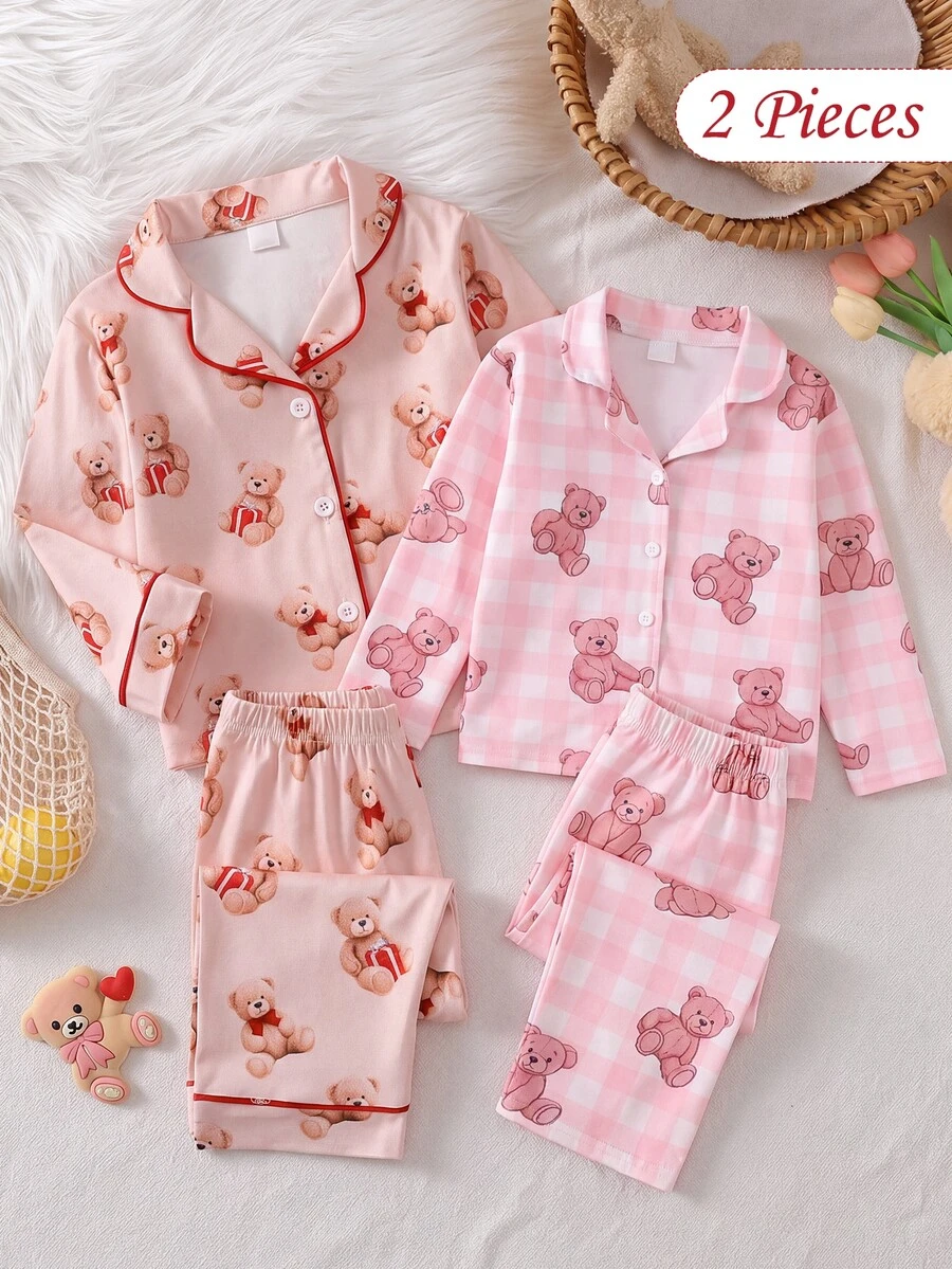 SHEIN 女嬰熊圖案對比滾邊睡衣套裝 親子款 粉色與棕色 淺粉色 秋季可愛 - 彩色 - 查看 1
