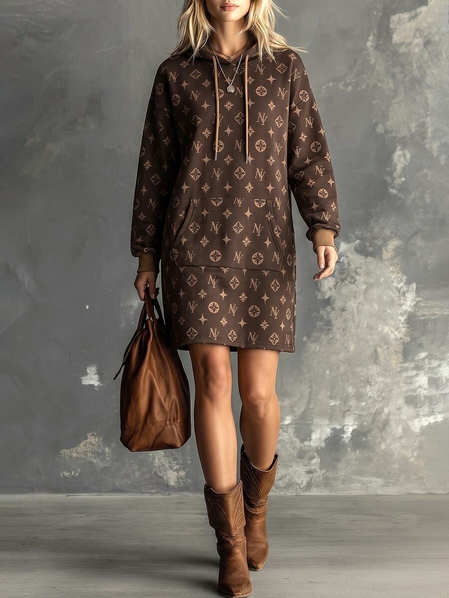 Balvessa Allover Print Kangaroo Pocket Drop Shoulder Drawstring Hooded Short Sweatshirt Dress - Coffee - View 1
