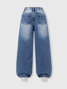 SHEIN Tween Girl Bow Front Ripped Wide Leg Jeans - Dark Wash - View 2