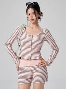 DAZY Striped Print Button Front Sports Set - Pink - View 1