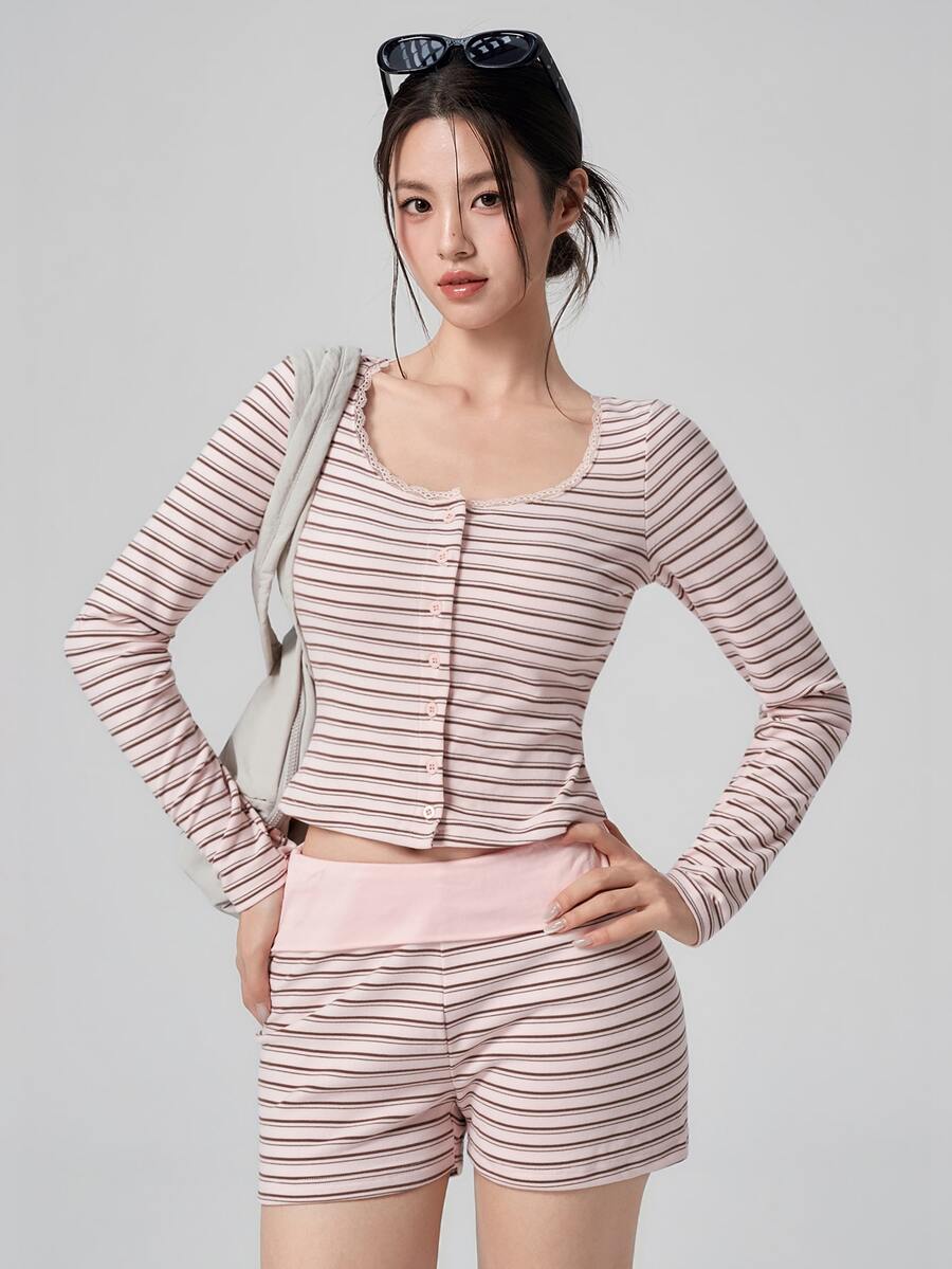 DAZY Striped Print Button Front Sports Set - Pink - View 1