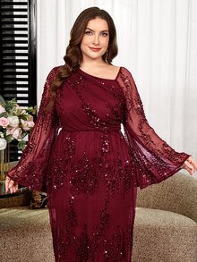 Reflora Vestido de lentejuelas con cuello asimétrico y mangas con volantes, talla grande - Burdeos - Ver 6