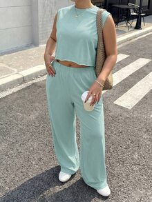 Muchica Plus Solid Tank Top & Wide Leg Pants - Olive Green - View 7