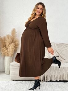 Plussiva 大尺碼孕婦純色前綁帶燈籠袖洋裝 - 棕色 - 查看 5