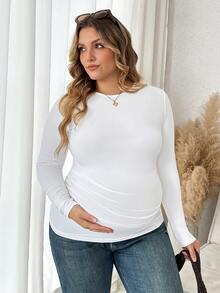 Plussiva Plus Size Maternity Solid Ruched Slim Fit Tee Dates Fashion Week Gender Reveal White Autumn Soft Form Basic Cute Chic Going Out Fall - White - View 3