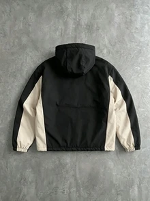 PAVTROS Men Letter Graphic Colorblock Half Zip Hooded Jacket - Beige - View 2