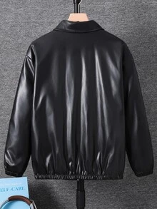 SHEIN 青少年男孩拉鍊式PU皮革夾克 - 黑色 - 查看 6