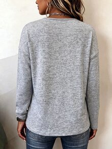 Breezaya Button Detail Drop Shoulder Sweatshirt Everyday Travel Light Grey Autumn Casual - Multicolor - View 2