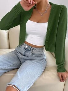 SHEIN Unity Cardigan corto ligero con botones delanteros de unicolor - Verde - Ver 7