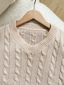 SHEIN Sweater Rajut Kabel Leher V Polos Bahu Jatuh untuk Anak Perempuan Remaja Musim Gugur - Aprikot - View 4