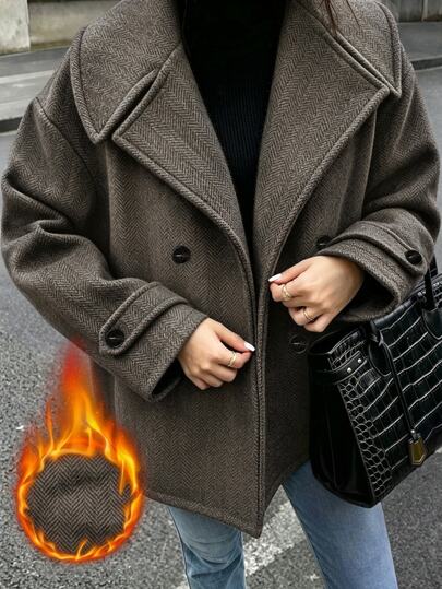 Selianne Herringbone Pattern Waterfall Collar Drop Shoulder Double Breasted Placket Overcoat