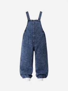 SHEIN Genkimix Kids 女童 1件刺繡細節蝴蝶結前襟牛仔吊帶褲 - 深色水洗藍 - 查看 2