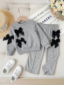 SHEIN Baby Girl Bow Front Sweatshirt & Seam Front Sweatpants Set - Grey - View 3