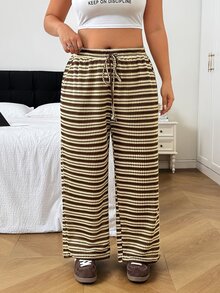 SHEIN EZwear 大尺碼對比條紋抽繩腰寬腿褲 - 彩色 - 查看 5