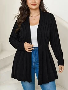 Comfylo Cardigan de talla grande de color sólido con frente abierto - Negro - Ver 4