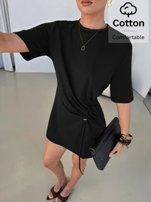 Lavishia Solid Drawstring Front Tee Dress - Black - View 5