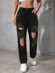 SHEIN ICON 破洞直筒牛仔褲 - 黑色 - 查看 1
