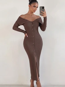 Sirith Busana Musim Gugur untuk Wanita: Gaun Sweater Elegan dengan Bahu Terbuka dan Kancing Depan, Cocok untuk Makan Malam dan Liburan, Warna Cokelat Mocha, Seksi untuk Musim Gugur. - Coffee Brown - View 3