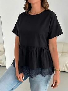Shapeblank Blusa de Peplum con Encaje de Contraste Talla Grande - Negro - Ver 7