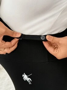 Plussiva 大尺碼孕婦刺繡騎士圖案可調腰緊身褲 - 黑色 - 查看 7