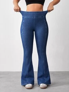 Flexra Plus High Waist Flare Leg Jeans With Phone Pocket - Blue - View 3