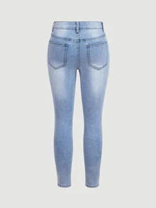 SHEIN PETITE Jeans pitillo de cintura alta con patrón de mariposa de strass - Azul - Ver 5