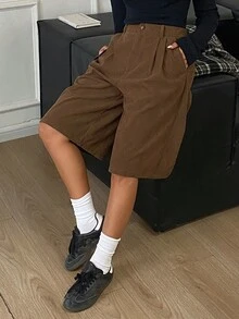 DAZY Solid Cord High Waist Plicated Detail Bermuda Shorts - Brown - View 4