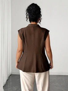 Elenzga Plus Lapel Neck Single Button Waistcoat Office Formal Brown Summer Casual Elegant - Coffee Brown - View 2