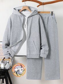 Kids 2pcs Teen Boy Casual Sporty Basic Gray Hooded Zip-Up Sweatshirt And Sweatpants Suitable For Autumn And Winter Back-To-School Season. - Light Grey - View 5