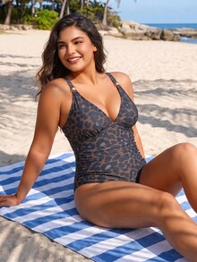 Swim Vcay Plus Leopard Print Ruched One Piece Swimsuit Vacation Beach Brown Summer/Fall Sexy - Brown - View 4