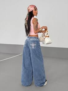 Jeanoix Plus Embroidery Cross Pattern Wide Leg Jeans - Blue - View 2
