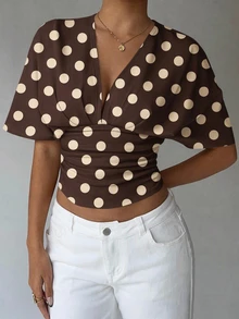 Aloruh Polka Dot Print Batwing Sleeve Tee - Brown - View 9
