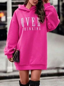 SHEIN 字母圖案落肩連帽衛衣洋裝 - 玫紅色 - 查看 3