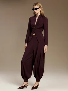 Ontre Solid Button Front Ruched Waist Blazer Tapered Pants Suit Set Office Dinner Corporate Burgundy Fall Elegant - Purple - View 6