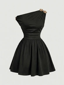 Plus Solid Ruched Asymmetrical Neck Dress - Black - View 4