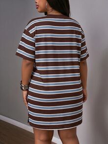 Slaydiva Plus Striped Print Drop Shoulder Split Hem Dress - Multicolor - View 2