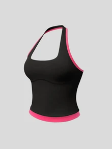 SHEIN Sweetro FeatherFit™-Cool 對比飾邊運動掛脖上衣 - 黑色 - 查看 5
