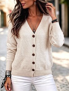 SHEIN Cardigan boutonné à épaules tombantes de couleur unie - Nude - Voir 6
