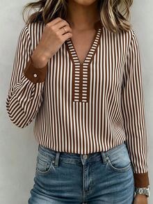Breezaya Striped Print Notched Neck Blouse - Multicolor - View 4