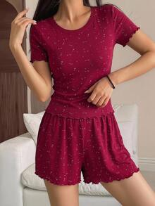 DAZY Lettuce Trim Tee & Shorts PJ Set - Burgundy - View 6