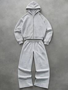 Kids 2pcs Teen Boy Casual Sporty Basic Gray Hooded Zip-Up Sweatshirt And Sweatpants Suitable For Autumn And Winter Back-To-School Season. - Light Grey - View 3