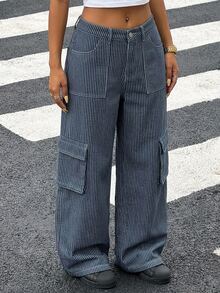 Livesso Striped Print Flap Pocket Side Cargo Jeans Fall - Blue and White - View 5