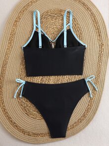 Swim Lushoire طقم تانكيني بطبعة زهرية مع حواف متباينة ورباط جانبي - متعدد الألوان - مشاهدة 3