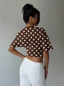 Aloruh Polka Dot Print Batwing Sleeve Tee - Brown - View 5