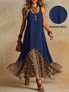 Solivie Contrast Leopard Print Ruffle Hem Tank Dress - Navy Blue - View 1