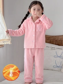 女童翻蓋口袋對比滾邊睡衣套裝 - 淺粉色 - 查看 7