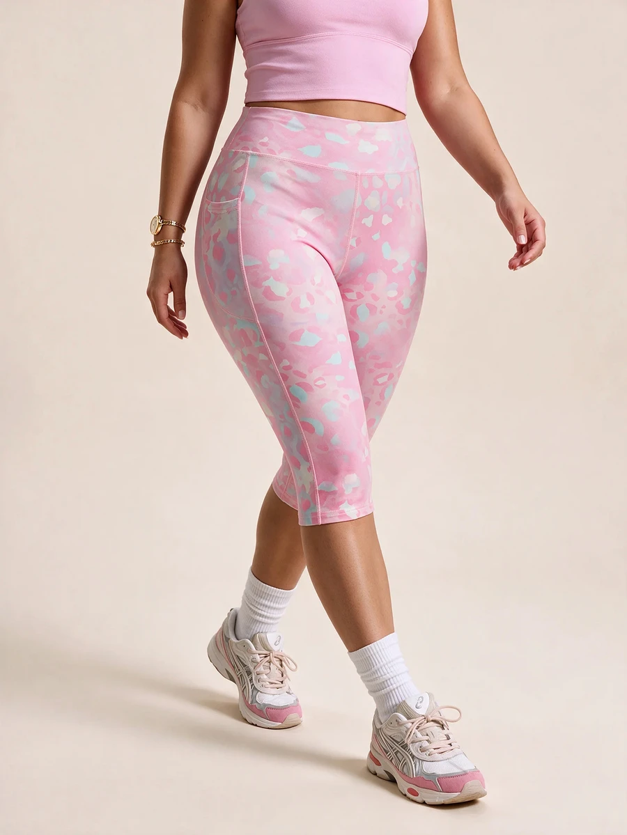 SHEIN Sports 大尺碼豹紋寬腰帶七分運動緊身褲 - 彩色 - 查看 1
